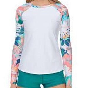123 RAISINS Juniors  Vieques Printed Long-Slve Rash Guard WHITE MULTI sz S nwot